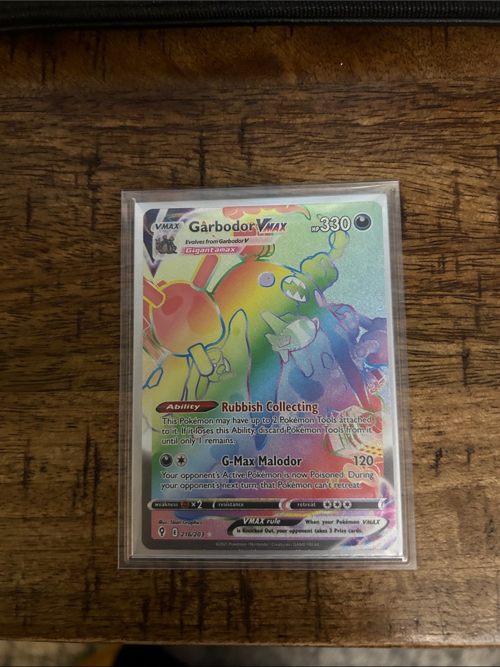 Pokemon Garbodor VMAX Rainbow Holographic Card - Green, Yellow, Red Accents